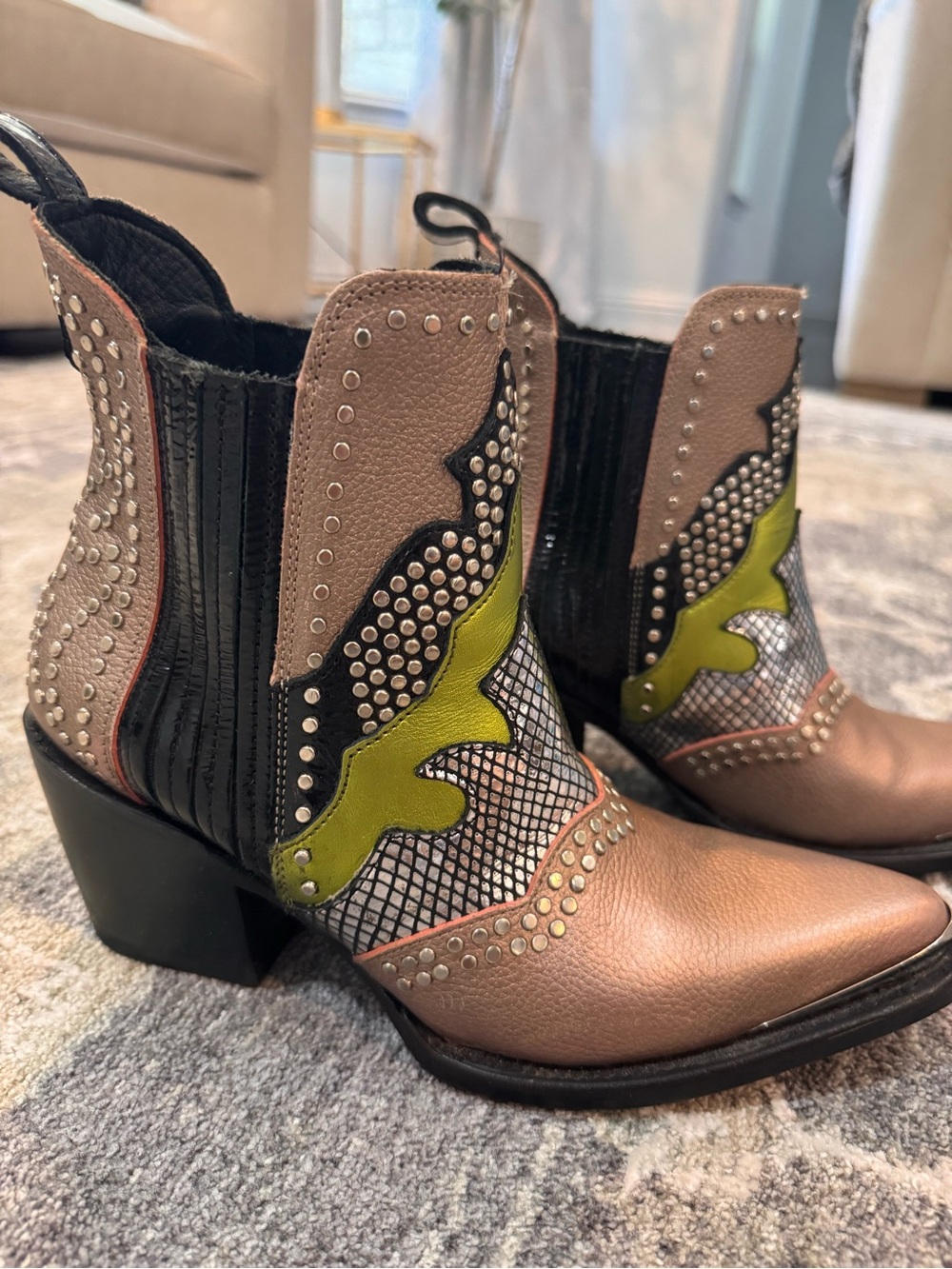 Women's Metallic Bronze Western Ankle Boots with Lime Accent